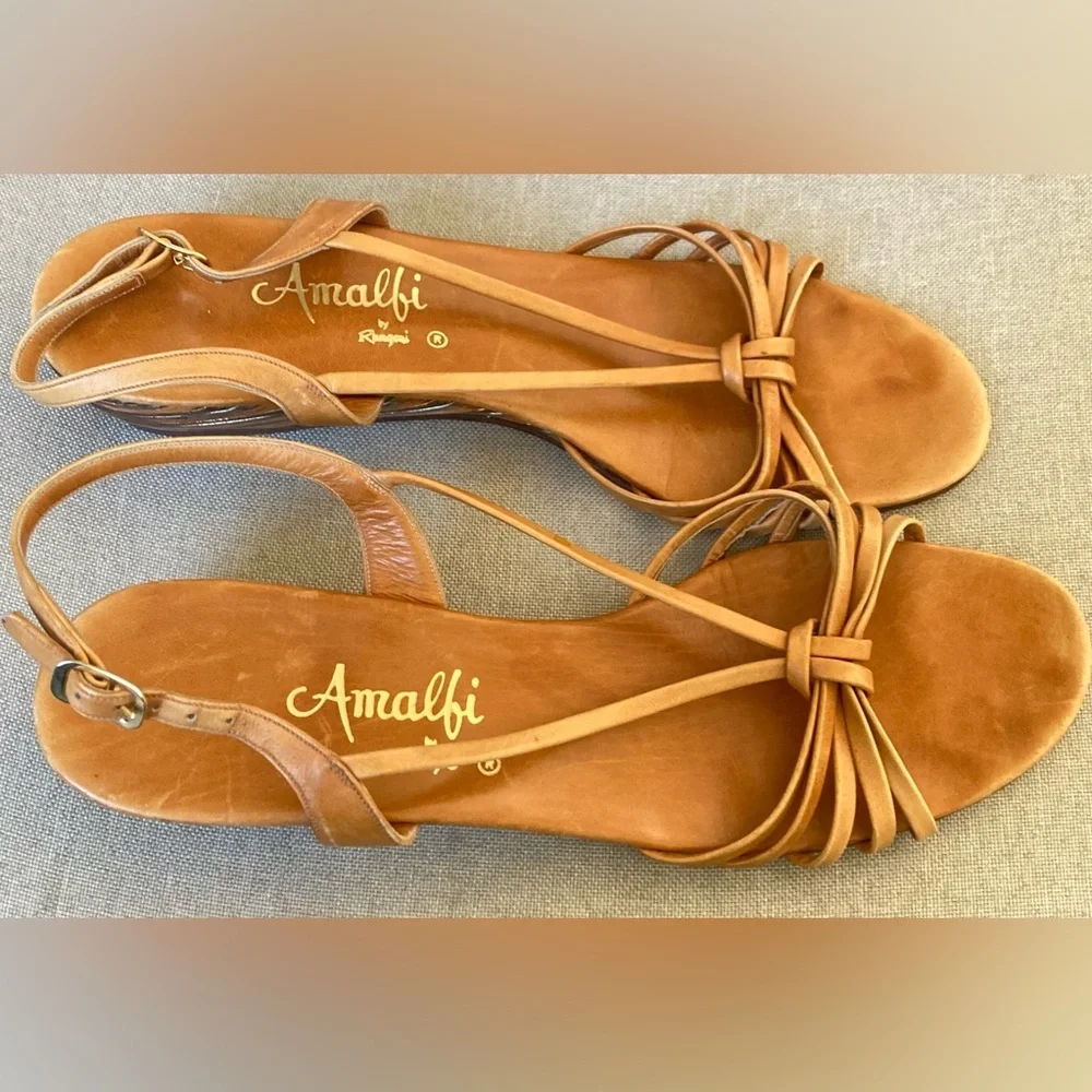 Amalfi by Rangoni Italian Leather Strappy Wedge Sandals Tan Size 8.5N
